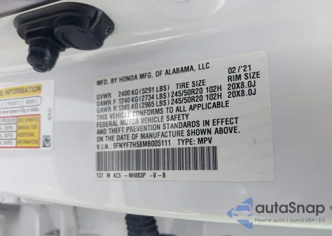 2021 Honda Passport 2Wd Ex-L z USA, uszkodzony, nr VIN 5FNYF7H58MB005111